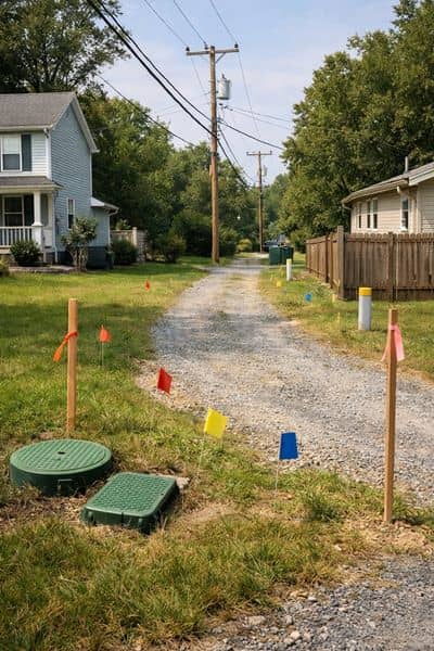 Shared driveway and utility markers that may reveal easements during a land survey