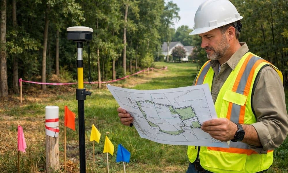 Surveyor reviewing a land survey during a property easement review