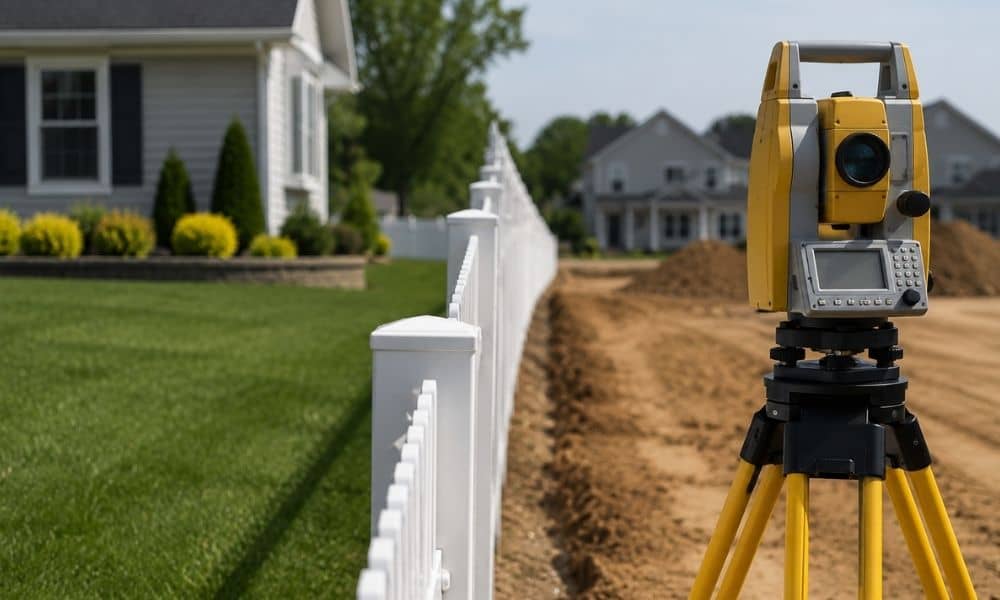 Land surveyor's equipment positioned along a residential property boundary near a fence, illustrating how surveys identify potential encroachments and boundary issues