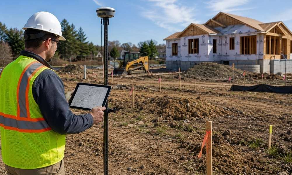 Licensed land surveyor performing a topographic survey on a residential construction site to support building permit, grading, and drainage plans