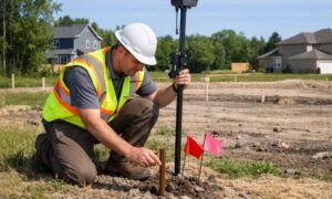 Licensed land surveyor verifying a property corner marker during a boundary survey using GPS surveying equipment