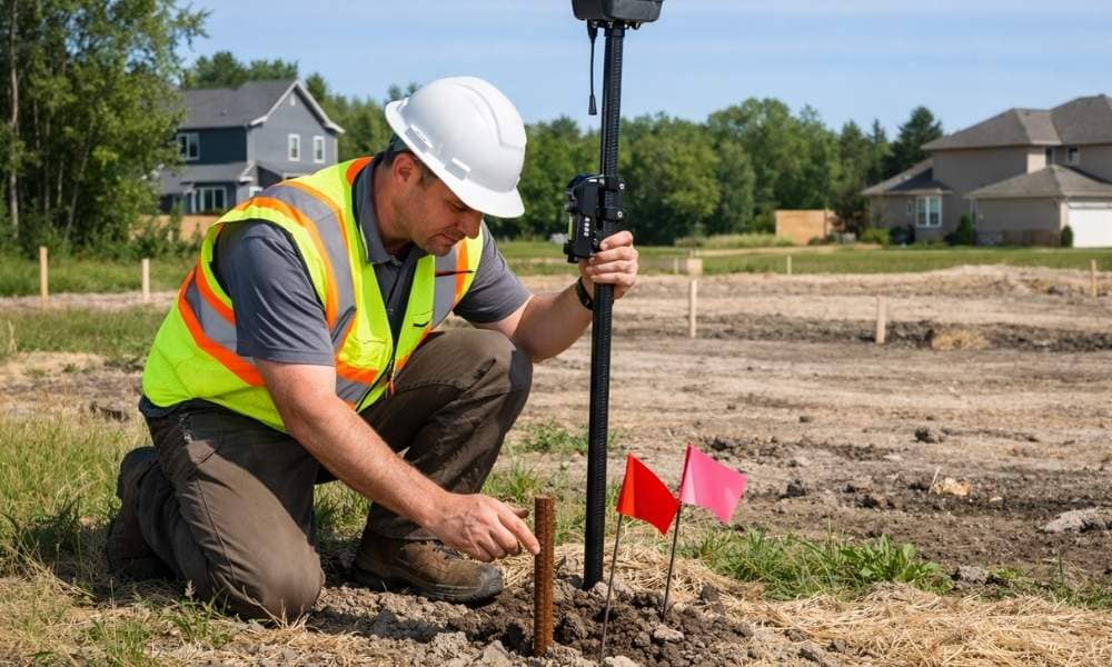 Licensed land surveyor verifying a property corner marker during a boundary survey using GPS surveying equipment