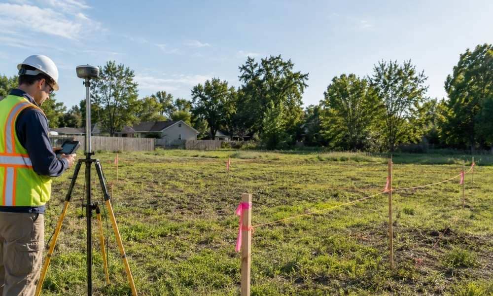 A surveyor performing a boundary survey on a vacant lot before a tax sale purchase