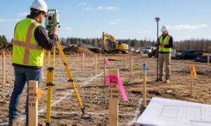 Surveyors use a total station and GPS rover for construction staking on a cleared building site before excavation begins