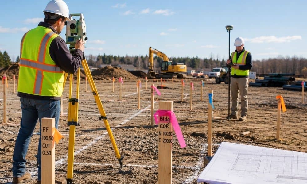 Surveyors use a total station and GPS rover for construction staking on a cleared building site before excavation begins