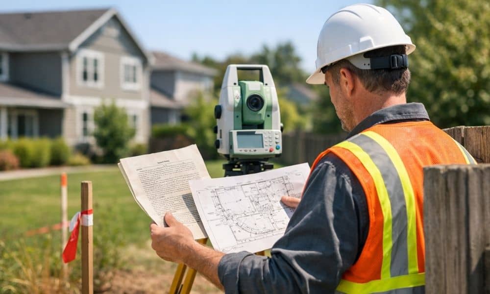 Licensed land surveyor comparing a property deed with a land survey to verify residential property boundary lines
