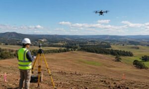 Surveyor using GPS equipment while a drone maps a large rural property with rolling terrain and marked survey points