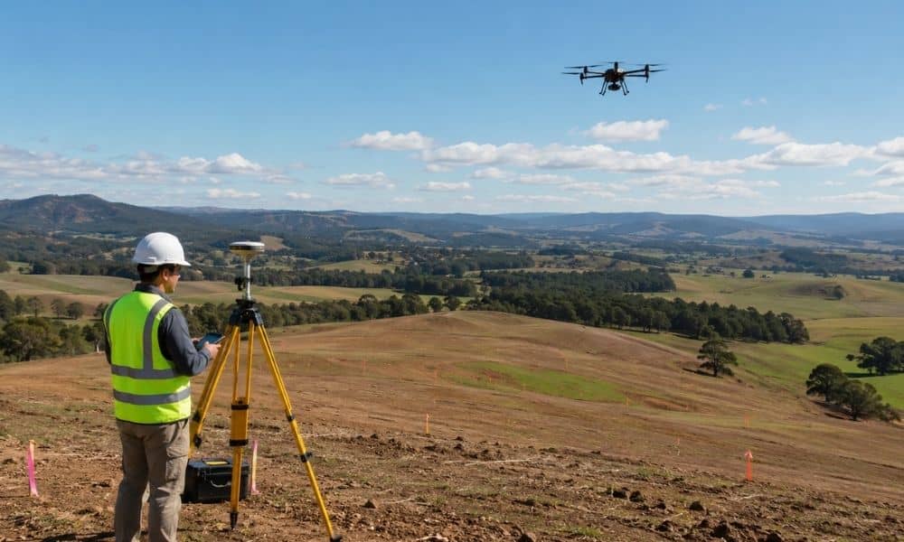 Surveyor using GPS equipment while a drone maps a large rural property with rolling terrain and marked survey points