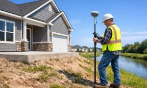 Licensed land surveyor measuring a home's elevation near a flood zone for an elevation certificate used for flood insurance