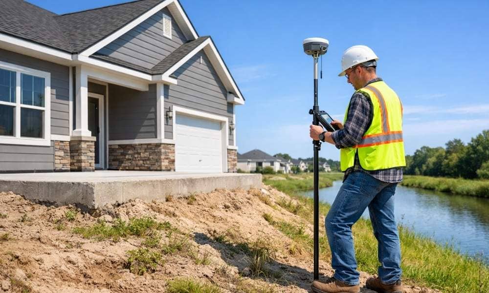 Licensed land surveyor measuring a home's elevation near a flood zone for an elevation certificate used for flood insurance