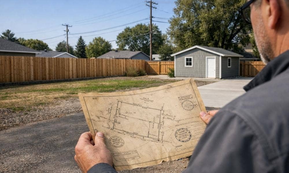 Old land survey current property - ALTA SURVEY Maryland A person holding an old land survey while looking over a residential property with a fence, driveway, and detached shed