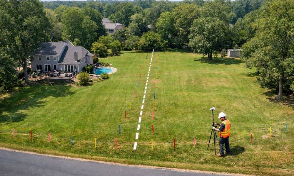 A land surveyor marks the boundary of a residential lot before it is divided into two buildable properties
