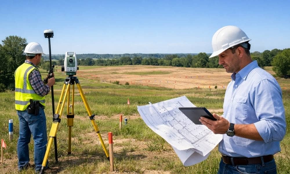 Licensed land surveyor collecting topographic data while a civil engineer reviews site plans before commercial land development