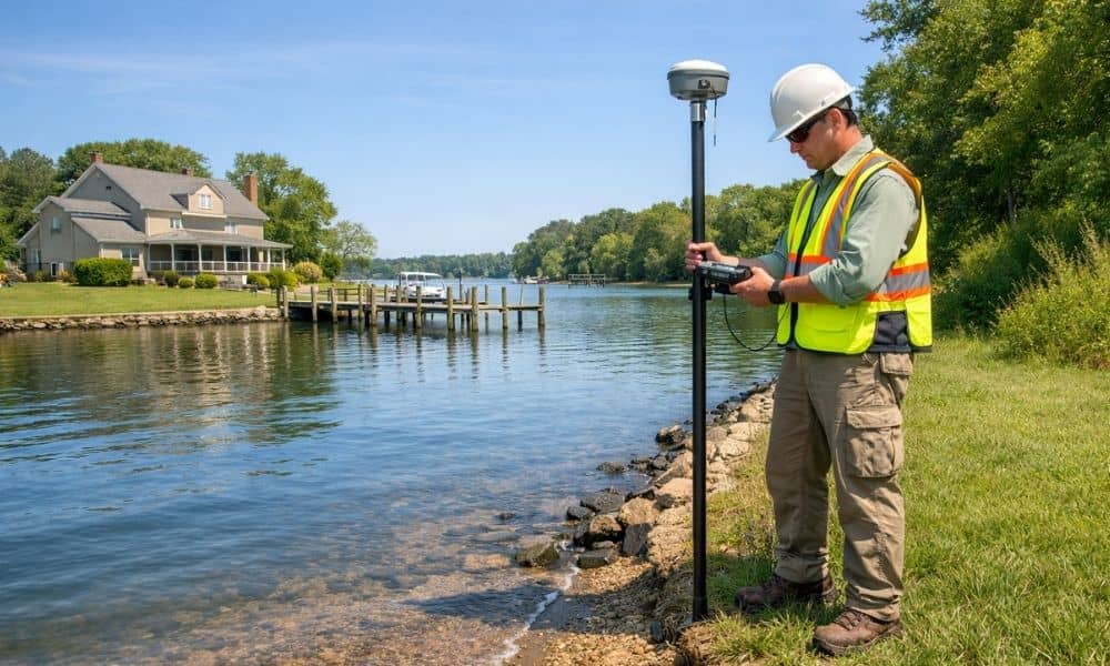 Land surveyor measuring a waterfront property line to determine riparian boundaries along the shoreline