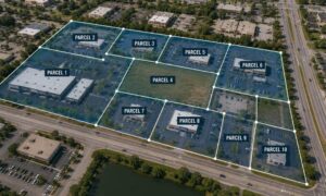 Aerial view of a commercial property divided into multiple parcels, illustrating factors that affect ALTA survey pricing for multi-parcel deals