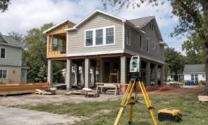 Elevation survey equipment set up outside a Maryland home being rebuilt in a flood zone