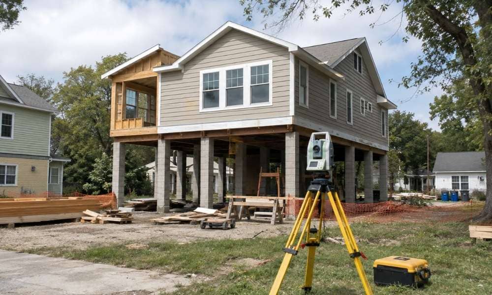 Elevation survey equipment set up outside a Maryland home being rebuilt in a flood zone