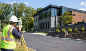 Surveyor measuring a completed construction site in Maryland during an as built survey to record finished site conditions