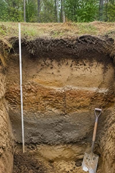 Soil profile layers inspected during a perc test on vacant land in maryland