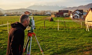 A surveyor examines property lines near fencing and neighboring homes after a possible encroachment is found