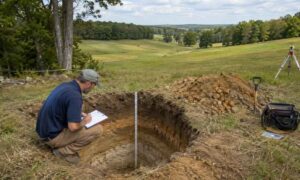 Soil evaluator inspecting a perc test site on vacant land in maryland