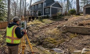 Surveyor conducting a topographic survey on a sloped residential lot