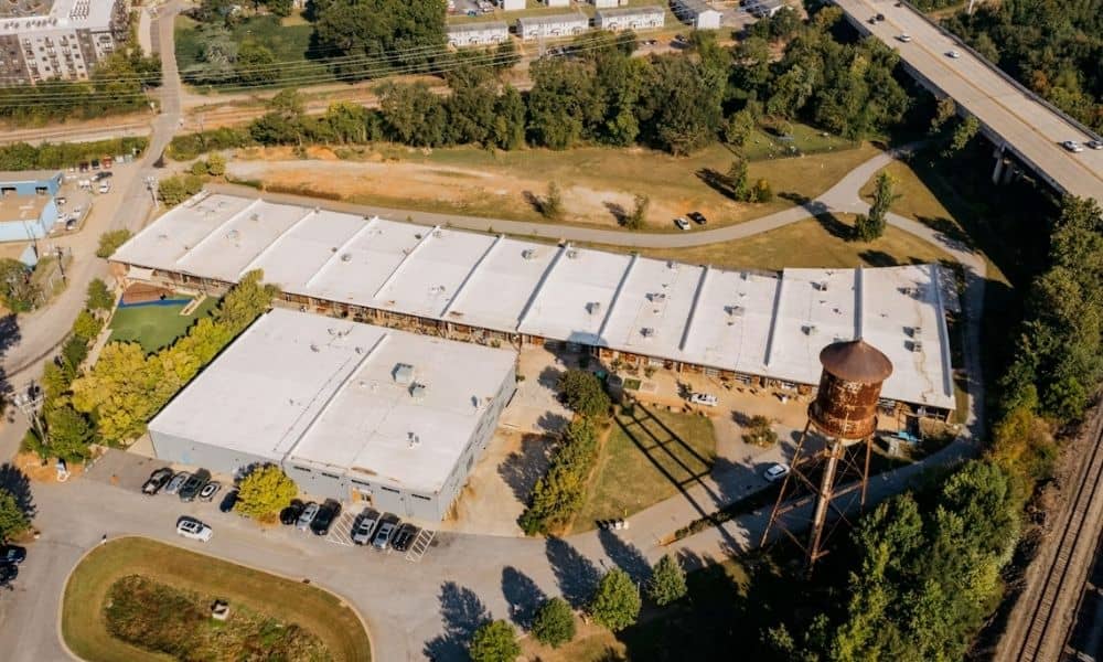 Aerial view of a commercial property during an ALTA land survey
